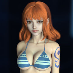Rule 34 | 1girl, arms at sides, bikini, blue bikini, breasts, brown eyes, cleavage, collarbone, large breasts, long hair, looking at viewer, nami (one piece), one piece, orange hair, shadow, shousizhe, simple background, solo, standing, sweat, swimsuit, tattoo, underboob, upper body, wet