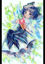 Rule 34 | 1girl, :p, absurdres, blue dress, blue eyes, blue hair, blush, bobby socks, bow, cirno, commentary, dress, food, frilled shirt collar, frills, full body, green bow, hair bow, highres, ice, ice cream, ice cream cone, ice wings, looking at viewer, medium hair, pillarboxed, shirt, sleeves past elbows, socks, solo, tongue, tongue out, touhou, white shirt, wings, zhu xiang