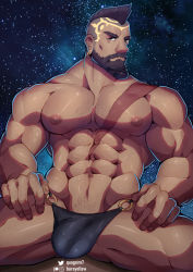 Rule 34 | 1boy, abs, bara, beard, black male underwear, brown hair, bulge, chest hair, collarbone, dark-skinned male, dark skin, facial hair, hands on own hips, highres, large pectorals, league of legends, looking at viewer, male focus, male underwear, masa yawara (yellow), mohawk, muscular, muscular male, mustache, navel, navel hair, nipples, o-ring, o-ring bottom, paid reward available, pantheon (league of legends), pectorals, scar, scar on chest, short hair, sky, solo, spread legs, star (sky), star (symbol), starry background, starry sky, thick thighs, thighs, tied beard, underwear, underwear only