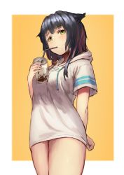 Rule 34 | 1girl, animal ears, arknights, bare legs, blue hair, blue stripes, blush, cat ears, dark blue hair, drink, drinking straw, drinking straw in mouth, green eyes, hair down, highres, holding, holding drink, hood, hood down, hoodie, jessica (arknights), looking at viewer, multicolored hair, orange background, shirt tug, short hair, simple background, solo, taku57, thighs, two-tone hair, white hoodie