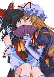 Rule 34 | 2girls, bare shoulders, black hair, blonde hair, bow, detached sleeves, dress, elbow gloves, eye contact, folding fan, gloves, hair bow, hair tubes, hakurei reimu, hand fan, hat, hat ribbon, highres, holding, holding fan, japanese clothes, long hair, looking at another, mob cap, multiple girls, nontraditional miko, noriuma, puffy short sleeves, puffy sleeves, purple dress, red bow, red eyes, red ribbon, ribbon, ribbon-trimmed sleeves, ribbon trim, short sleeves, sidelocks, simple background, touhou, white background, white gloves, white headwear, white sleeves, wide sleeves, yakumo yukari, yuri