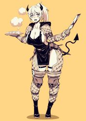 Rule 34 | 1girl, :d, apron, arm up, belt pouch, black apron, blood, bloody knife, boots, breasts, carcass (artist), chaps, cleavage, crazy eyes, crotchless, crotchless pants, demon girl, demon horns, demon tail, dorohedoro, dumpling, food, full body, fur, hand up, highres, holding, holding knife, holding plate, hood, hood down, horns, jiaozi, knife, large breasts, leaning forward, long hair, long sleeves, looking at viewer, naked apron, nikaidou (dorohedoro), open mouth, orange background, oven mitts, pants, plate, ponytail, pouch, shrug (clothing), sideboob, simple background, smile, solo, standing, steam, tail