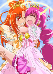 Rule 34 | 10s, 2girls, arms around neck, bike shorts, blush, boots, bow-shaped hair, carrying, cheek-to-cheek, choker, closed eyes, cure happy, cure happy (princess form), cure sunny, cure sunny (princess form), dress, gke1avg, grin, head wings, heads together, hino akane (smile precure!), hoshizora miyuki, hug, long hair, magical girl, multiple girls, one eye closed, orange dress, orange eyes, orange hair, pink hair, pink shorts, precure, princess carry, princess form (smile precure!), shorts, shorts under skirt, skirt, smile, smile precure!, tiara, twintails, wings, wink