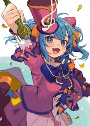 Rule 34 | 1girl, baton, blue bow, blue bowtie, blue hair, bow, bowtie, confetti, hair bow, hat, hatsune miku, highres, holding, jacket, long sleeves, medium hair, musical note, musical note print, open mouth, pink bow, pink hat, pink jacket, project sekai, sekai ni hibike! your song (project sekai), shako cap, skirt, smile, solo, treble clef, twintails, uminokaisen, vocaloid, whistle, whistle around neck, wonderlands x showtime (project sekai), wonderlands x showtime miku