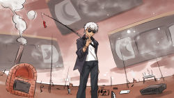 Rule 34 | 1boy, archer (fate), archer (summer casual) (fate), black jacket, black pants, commentary request, dark-skinned male, dark skin, facing viewer, fate/grand order, fate/stay night, fate (series), fishing line, fishing rod, grey hair, highres, holding, holding fishing rod, horizon, jacket, long sleeves, male focus, neon-tetora, open clothes, open jacket, pants, shirt, smoke, solo, standing, sunglasses, videocassette, white shirt