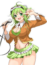 Rule 34 | 1girl, :d, artist name, breasts, cleavage, crop top, fingernails, goggles, goggles on head, green eyes, green hair, green nails, green shirt, green skirt, gumi, happy, highres, jacket, looking at viewer, medium breasts, microphone, microphone stand, midriff, music, nail polish, navel, open mouth, orange jacket, orange thighhighs, phaser array, red-tinted eyewear, shirt, short hair, short hair with long locks, simple background, singing, skirt, smile, solo, standing, suspender skirt, suspenders, teeth, thighhighs, tinted eyewear, underboob, upper teeth only, vocaloid, white background, zettai ryouiki
