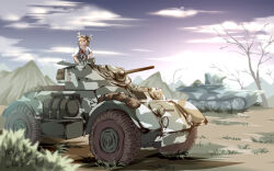 Rule 34 | 1girl, absurdres, bare tree, blonde hair, chinese commentary, cloud, commentary request, dragon horns, full body, highres, horns, kicchou yachie, looking up, military vehicle, motor vehicle, outdoors, pzgr.40, short hair, short sleeves, sky, solo, tank, touhou, tree, wide shot, yellow eyes
