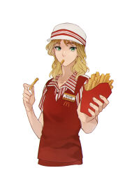 Rule 34 | 1girl, alternate costume, badge, blonde hair, box, buttons, character name, collarbone, collared shirt, eating, fingernails, food, french fries, green eyes, hands up, hat, holding, holding box, holding food, loki (disney+), looking at viewer, marvel, marvel cinematic universe, mcdonald&#039;s, murdermuffinloki, red shirt, red skirt, red vest, shirt, short hair, short sleeves, simple background, skirt, solo, standing, star (symbol), striped clothes, striped headwear, striped shirt, sylvie (marvel), vertical-striped clothes, vertical-striped shirt, vest, white background, white hat, white shirt