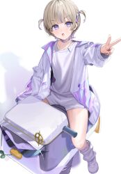 Rule 34 | 1girl, :o, brown hair, choker, collarbone, commentary request, highres, hololive, hololive dev is, jacket, kanzarin, long sleeves, looking at viewer, multicolored hair, open clothes, open jacket, open mouth, outstretched arm, puffy long sleeves, puffy sleeves, purple choker, purple eyes, purple hair, shirt, short shorts, shorts, sitting, solo, streaked hair, todoroki hajime, twintails, v-shaped eyebrows, virtual youtuber, white background, white jacket, white shirt, white shorts