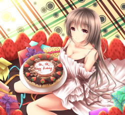 Rule 34 | 1girl, box, breasts, brown eyes, brown hair, cake, cleavage, dress, food, fruit, gift, gift box, happy birthday, highres, holding, large breasts, looking at viewer, off shoulder, original, oversized object, sitting, smile, solo, strawberry, thighs, wariza, wsman