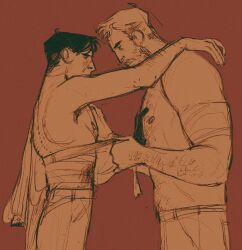 Rule 34 | 2boys, arm hair, arm on another&#039;s shoulder, artemy burakh, bandaged arm, bandages, bara, beard stubble, blush, chest hair, couple, cowboy shot, daniil dankovsky, ehlihr, eye contact, facial hair, from side, gloves, hand on another&#039;s chest, height difference, highres, looking at another, looking down, male focus, mature male, midriff sarashi, monochrome, multiple boys, mustache stubble, navel hair, nipples, orange theme, pants, partially undressed, pathologic, pathologic 2, profile, red theme, sarashi, short hair, sideburns, stubble, toned, toned male, topless male, yaoi