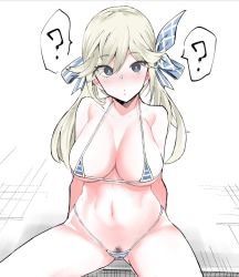 Rule 34 | 1girl, ?, bad id, bad twitter id, bikini, blonde hair, blue eyes, blue ribbon, blush, breasts, cleft of venus, commentary request, covered erect nipples, cucouroux (granblue fantasy), female pubic hair, freedom nakai, granblue fantasy, groin, highleg, highleg bikini, large breasts, long hair, looking at viewer, micro bikini, navel, nose blush, partially visible vulva, plaid, plaid ribbon, pubic hair, ribbon, sitting, skindentation, solo, speech bubble, spoken question mark, spread legs, string bikini, swimsuit, twintails, underboob