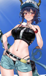 Rule 34 | 1girl, :p, arknights, bare shoulders, baseball cap, belt, belt pouch, bikini, black bikini, black hair, blue shorts, blue sky, blush, breasts, ch&#039;en (arknights), ch'en (arknights), closed mouth, cowboy shot, crop top, day, dragon girl, dragon horns, dragon tail, female tourist c (arknights), food, hand on own hip, hat, heart, heart tail, highres, holding, holding food, horns, horns through headwear, large breasts, light rays, long hair, looking at viewer, multicolored hair, navel, official alternate costume, open fly, outdoors, popsicle, pouch, red eyes, red hair, revision, short ponytail, shorts, sky, smile, solo, srpzk, stomach, streaked hair, sunbeam, sunlight, swimsuit, tail, tongue, tongue out, two side up, watch, white hat, wristwatch