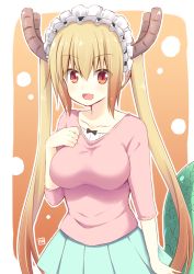 Rule 34 | 10s, 1girl, :d, akane souichi, artist name, blonde hair, blouse, breasts, brown eyes, casual, dragon tail, fang, green skirt, hair between eyes, hand on own chest, horns, kobayashi-san chi no maidragon, large breasts, large tail, long hair, looking at viewer, maid headdress, open mouth, pink shirt, pleated skirt, shirt, sidelocks, signature, skirt, sleeves past elbows, smile, solo, tail, tohru (maidragon), twintails, upper body, very long hair