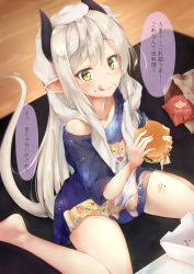 Rule 34 | 1girl, animal print, barefoot, blush, cat print, collarbone, commentary request, eating, fish print, food, food on face, food print, grey hair, highres, holding, holding food, horns, indoors, long hair, looking at viewer, off shoulder, on ground, original, pointy ears, sitting, smile, solo, speech bubble, tail, tongue, tongue out, towel, towel on head, translation request, virtual youtuber, white towel, yellow eyes, yuki kawachi