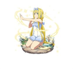 Rule 34 | 1girl, alice zuberg, barefoot, blonde hair, blue eyes, blue towel, feet, frilled towel, frills, full body, hair between eyes, kneeling, long hair, looking at viewer, naked towel, official art, outstretched arm, parted lips, simple background, solo, sword art online, towel, very long hair, white background