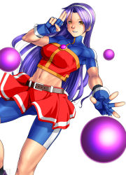 Rule 34 | 1girl, absurdres, asamiya athena, ball, belt, breasts, fingerless gloves, gloves, hairband, halterneck, highres, legs, long hair, looking at viewer, midriff, navel, purple hair, qkat (arikawa-dou), salute, simple background, skirt, small breasts, smile, snk, solo, spandex, standing, the king of fighters, the king of fighters 2002, thighs, white background, yellow eyes