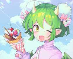 Rule 34 | 1girl, blush, day, draco centauros, dragon girl, dragon horns, fang, green hair, highres, horns, long sleeves, looking at viewer, offbeat, open mouth, outdoors, pointy ears, puyopuyo, short hair, smile, solo, yellow eyes