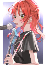 Rule 34 | 1girl, absurdres, black shirt, blush, bocchi the rock!, electric guitar, gibson les paul, guitar, haruyuki (gffewuoutgblubh), highres, holding, holding instrument, instrument, kita ikuyo, long hair, looking at viewer, looking to the side, microphone, one side up, open mouth, red hair, shirt, short sleeves, sidelocks, sideways mouth, solo, sweat, upper body, yellow eyes