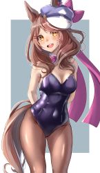 Rule 34 | 1girl, absurdres, animal ears, bad id, bad twitter id, breasts, brown hair, cleavage, commentary request, detached collar, hair ornament, hairclip, hat, highres, horse ears, horse girl, horse tail, leotard, matikane tannhauser (umamusume), medium breasts, medium hair, nontraditional playboy bunny, open mouth, playboy bunny, simple background, solo, tail, umamusume, white background, yami anko