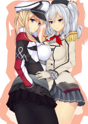 Rule 34 | 10s, 2girls, beret, black legwear, blonde hair, blue eyes, breasts, buttons, capelet, celtic knot, epaulettes, gloves, graf zeppelin (kancolle), hair between eyes, hat, highres, jacket, kantai collection, kashima (kancolle), kerchief, large breasts, long hair, looking at viewer, military, military uniform, miniskirt, multiple girls, necktie, pak ce, pantyhose, peaked cap, sidelocks, silver hair, skirt, smile, tsurime, twintails, uniform, wavy hair, white gloves