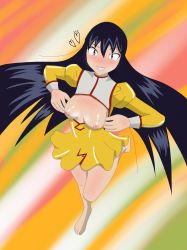 Rule 34 | 1990s (style), 1girl, absurdres, agent aika, aika (series), artist request, bare pectorals, barefoot, blue hair, blush, breasts, breasts out, brown eyes, cleavage cutout, clothing cutout, delmo, eyebrows, female focus, full body, golden delmo, highres, long hair, long sleeves, looking at viewer, medium breasts, nipples, no bra, open clothes, pectorals, puffy sleeves, retro artstyle, rie petoriyacowa, shiny skin, smile, solo, standing, very long hair