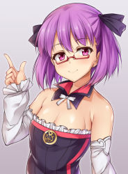 Rule 34 | 1girl, bare shoulders, bespectacled, blush, breasts, detached sleeves, fate/grand order, fate (series), glasses, helena blavatsky (fate), highres, kuragari, looking at viewer, purple eyes, purple hair, short hair, simple background, small breasts, smile, solo, strapless, sefirot