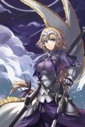 Rule 34 | 1girl, armor, artist name, ayrshine, blonde hair, braid, braided ponytail, breasts, capelet, chain, cloud, dark clouds, dark sky, expressionless, fate/grand order, fate (series), gauntlets, highres, jeanne d&#039;arc (fate), jeanne d&#039;arc (ruler) (fate), long hair, looking at viewer, low ponytail, medium breasts, polearm, purple eyes, purple ribbon, ribbon, sheath, sheathed, solo, standard bearer, star (sky), sword, weapon