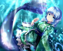 Rule 34 | 1girl, bad id, bad pixiv id, blue eyes, blue hair, fins, fish tail, frills, head fins, highres, hizagawa rau, in water, japanese clothes, kimono, matching hair/eyes, mermaid, monster girl, solo, tail, touhou, wakasagihime, wide sleeves