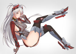 Rule 34 | 1girl, absurdres, antenna hair, azur lane, breasts, full body, gloves, grey background, hand on head, highres, large breasts, long hair, looking at viewer, military, military uniform, mole, mole on breast, prinz eugen (azur lane), sideboob, silver hair, simple background, sitting, solo, tagme, thighhighs, thighs, uniform, yellow eyes, yusha m