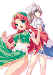 Rule 34 | 2girls, beret, blue eyes, braid, breasts, embodiment of scarlet devil, female focus, hat, hong meiling, izayoi sakuya, large breasts, legs, maid, multiple girls, naitou satoshi, red hair, silver hair, simple background, small breasts, touhou, twin braids