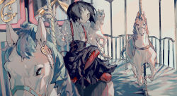 Rule 34 | 1girl, absurdres, aoaso, black hair, black skirt, buttons, carousel, collared shirt, commentary request, dress shirt, expressionless, grey eyes, highres, horse, horseback riding, leggings, long sleeves, looking at viewer, looking to the side, original, pleated skirt, red leggings, riding, shirt, short hair, sidesaddle, sideways glance, sitting, skirt, solo, suspender skirt, suspenders, white shirt