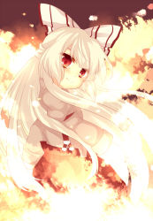 Rule 34 | 1girl, bad id, bad pixiv id, bow, female focus, fire, fujiwara no mokou, hair bow, highres, large bow, long hair, looking at viewer, looking back, red eyes, smile, solo, suspenders, touhou, uranaishi (miraura), white hair