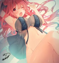 Rule 34 | 1girl, absurdres, armpits, babydoll, bare arms, black babydoll, bottomless, breasts, chromatic aberration, cropped, head wings, highres, koakuma, large breasts, long hair, looking at viewer, lying, natsuki (ukiwakudasai), navel, no panties, on back, one eye closed, open mouth, partially visible vulva, red eyes, red hair, solo, touhou, wavy hair, wings