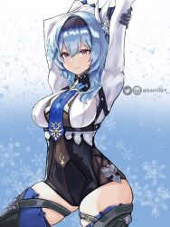 Rule 34 | 1girl, arms up, black hairband, black shorts, blue hair, blue necktie, breasts, commentary, cowboy shot, eula (genshin impact), genshin impact, gloves, hair between eyes, hair ornament, hairband, high-waist shorts, highres, kamiiart, large breasts, long sleeves, looking at viewer, medium hair, necktie, shirt, shorts, smile, solo, standing, thighhighs, thighs, white shirt, yellow eyes