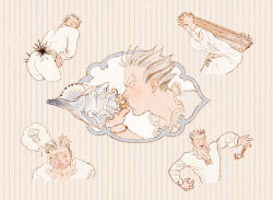 Rule 34 | 1boy, animal, animal on head, arm up, arms up, blowing, bokuto koutarou, chengongzi123, clenched teeth, closed eyes, colored eyelashes, commentary, conch, crab, cropped legs, cropped torso, english commentary, facing back, facing to the side, grey hair, haikyuu!!, hand up, highres, holding, jellyfish, male focus, multicolored hair, multiple views, octopus, on head, open mouth, outstretched arms, pants, portrait, shirt, short hair, streaked hair, striped background, teeth, thick eyebrows, thought bubble, urchin, very short hair, white pants, white shirt