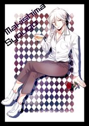 Rule 34 | 10s, 1boy, bad id, bad pixiv id, cup, flower, highres, makishima shougo, male focus, psycho-pass, red flower, red rose, rose, sitting, solo, teacup, uwabaki (shoe rack), white hair, yellow eyes