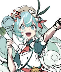Rule 34 | 1girl, aburi iwashi, aqua eyes, aqua hair, arm up, commentary, double bun, fish (food), food, food-themed hair ornament, hair bun, hair ornament, hatsune miku, headdress, highres, holding, holding food, holding spring onion, holding vegetable, ikura (food), long hair, looking at viewer, multicolored hair, neckerchief, open mouth, outstretched arm, red neckerchief, scallop, shirt, short sleeves, sketch, smile, solo, spring onion, streaked hair, twintails, upper body, vegetable, very long hair, vocaloid, wavy hair, white hair, white shirt, yuki miku, yuki miku (2024) (candidate no.6)