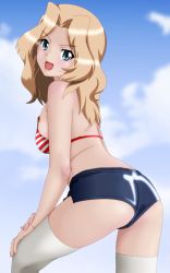 Rule 34 | 10s, 1girl, ass, bikini, bikini top only, blonde hair, blue eyes, blue shorts, cloud, cloudy sky, day, from behind, girls und panzer, green eyes, hand on thigh, highres, kay (girls und panzer), long hair, looking at viewer, looking back, open mouth, parted bangs, short shorts, shorts, sky, smile, solo, suzu danna, swimsuit, thighhighs, white thighhighs