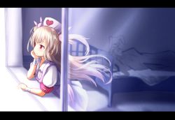 Rule 34 | &gt; &lt;, 1girl, apron, arm support, armband, bandaged arm, bandages, baram, bed, closed mouth, commentary request, hair ornament, hat, heart, highres, letterboxed, light brown hair, long hair, looking away, natori sana, nurse cap, open window, pink apron, pink hat, pleated skirt, puffy short sleeves, puffy sleeves, rabbit hair ornament, red eyes, safety pin, sana channel, shirt, short sleeves, skirt, solo, stuffed animal, stuffed rabbit, stuffed toy, two side up, very long hair, virtual youtuber, white shirt, white skirt, window
