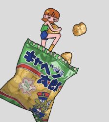 Rule 34 | 1girl, api0707, bag, blue shorts, brown hair, camisole, food request, green camisole, grey background, looking at viewer, medium hair, mini person, minigirl, no nose, orange socks, original, shirt tucked in, shorts, simple background, snack, socks, solo, wide shot
