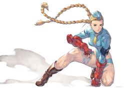 Rule 34 | 1girl, arm support, armband, blonde hair, blue eyes, blue hat, blue leotard, boots, braid, brown footwear, cammy white, closed mouth, fingerless gloves, floating hair, full body, gauntlets, gloves, hat, highleg, highleg leotard, highres, kotatsu (g-rough), leotard, long hair, long sleeves, looking at viewer, necktie, negative space, on one knee, short necktie, solo, street fighter, twin braids, twintails, very long hair, yellow necktie