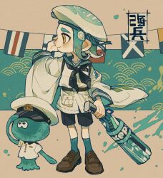 Rule 34 | 1boy, absurdres, aqua hair, aqua socks, beret, black shorts, brown footwear, commentary request, flag, full body, hat, highres, holding, holding weapon, jellyfish (splatoon), looking to the side, medium hair, nintendo, octoling, octoling boy, octoling player character, p0m4 p0m4, paint, sailor collar, sailor shirt, shirt, shoes, shorts, socks, splat brella (splatoon), splatoon (series), splatoon 3, standing, tentacle hair, translation request, weapon, white background, yellow eyes