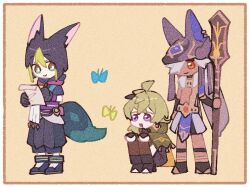 Rule 34 | 1girl, 2boys, :d, ahoge, animal ear fluff, animal ears, animal hat, belt, black choker, black footwear, black gloves, black hair, black pants, black ribbon, blue butterfly, blue headwear, blunt ends, boots, border, bright pupils, brown eyes, brown thighhighs, bug, butterfly, cape, capelet, capri pants, choker, closed mouth, collei (genshin impact), crossed bangs, cyno (genshin impact), dark-skinned male, dark skin, earrings, egyptian clothes, fake animal ears, fox boy, fox ears, fox tail, genshin impact, gloves, green butterfly, green capelet, green eyes, green hair, grey hair, hair between eyes, hair ornament, hair over one eye, hands up, hat, hat ribbon, holding, holding paper, holding polearm, holding weapon, hood, hood down, hoodie, insect, jackal ears, jewelry, long hair, looking at viewer, medium hair, multicolored clothes, multicolored eyes, multicolored hair, multiple boys, nploser, one eye covered, open mouth, orange background, pants, paper, polearm, purple eyes, purple sash, red eyes, ribbon, sash, shoes, short hair, short sleeves, simple background, single earring, smile, squatting, staff of the scarlet sands (genshin impact), standing, streaked hair, tail, thighhighs, tighnari (genshin impact), usekh collar, vision (genshin impact), weapon, white border, white pupils, yellow cape