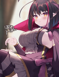 Rule 34 | 1girl, black hair, blush, breasts, commentary request, detached sleeves, fang, flower knight girl, highres, karaitosou (flower knight girl), large breasts, long sleeves, looking at viewer, looking down, multicolored hair, patting lap, pointy ears, red hair, sideboob, skin fang, solo, streaked hair, usamata, yellow eyes