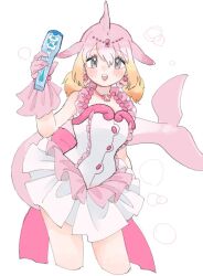 Rule 34 | 1girl, blowhole, blush, cetacean tail, chinese white dolphin (kemono friends), cosplay, cowboy shot, dolphin girl, dorsiflexion, dress, earrings, fins, fish tail, frilled dress, frilled gloves, frills, gloves, grey eyes, hair between eyes, head chain, head fins, jewelry, kemono friends, looking at viewer, mermaid melody pichi pichi pitch, microphone, multicolored hair, nanami lucia (idol), nanami lucia (idol) (cosplay), necklace, open mouth, orange hair, pink dress, pink gloves, pink hair, shell, shell earrings, shell necklace, shimazoenohibi, short twintails, sidelocks, smile, solo, tail, twintails, white dress, white hair