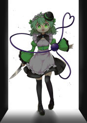 Rule 34 | 1girl, apron, black footwear, black hat, black skirt, black thighhighs, crazy smile, frilled apron, frills, full body, futa (nabezoko), green eyes, green hair, green shirt, hair between eyes, hat, heart, heart of string, highres, holding, holding knife, juliet sleeves, knife, komeiji koishi, long sleeves, open mouth, puffy sleeves, shirt, shoes, short hair, skirt, smile, solo, thighhighs, third eye, tilted headwear, touhou, white apron, wide sleeves