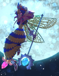 Rule 34 | 1girl, absurdres, blonde hair, blue dress, blue hair, commentary request, crown, dress, gem, gloves, heart, high heels, highres, kawayabug, kirby (series), layered dress, looking at viewer, moon, multicolored hair, nintendo, personification, pink eyes, queen sectonia, solo, staff, streaked hair, wings, yellow dress