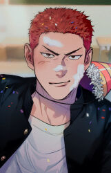 Rule 34 | 1boy, bishounen, black eyes, black jacket, buzz cut, classroom, confetti, gakuran, hat, hat on back, in the face, indoors, jacket, looking at viewer, male focus, og man, open clothes, open jacket, party hat, pie in face, red hair, sakuragi hanamichi, school uniform, shirt, short hair, slam dunk (series), smile, solo, toned, toned male, upper body, very short hair, white shirt