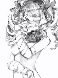 Rule 34 | 1girl, bad id, bad twitter id, bandaged arm, bandages, blush, bow, breasts, chuunibyou, closed mouth, drill hair, eyepatch, fingernails, flower, greyscale, hair bow, hair flower, hair ornament, hand over eye, hand over face, highres, hololive, long hair, looking at viewer, medical eyepatch, medium breasts, monochrome, nanashi (nlo), nipples, rose, simple background, smile, solo, twin drills, unnamed hololive vtuber 2, virtual youtuber, white background